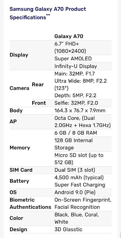 三星Galaxy A70曝光 水滴全面屏/后置三攝像頭