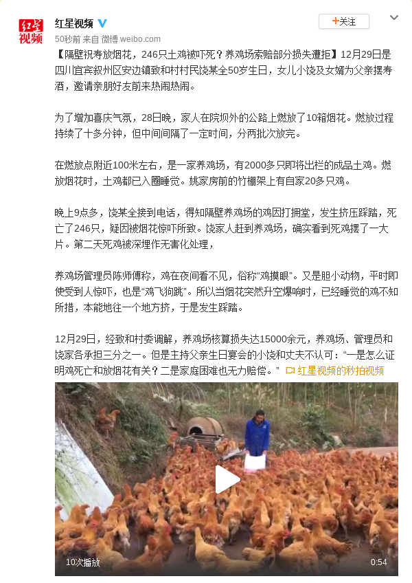 隔壁祝壽放煙花 246只土雞被嚇?biāo)溃克髻r遭拒